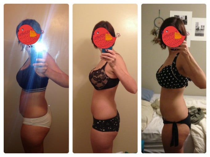 A progress pic of a 5'7" woman showing a weight reduction from 148 pounds to 130 pounds. A respectable loss of 18 pounds.