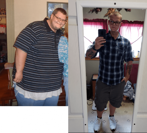 A progress pic of a 6'1" man showing a fat loss from 460 pounds to 230 pounds. A net loss of 230 pounds.