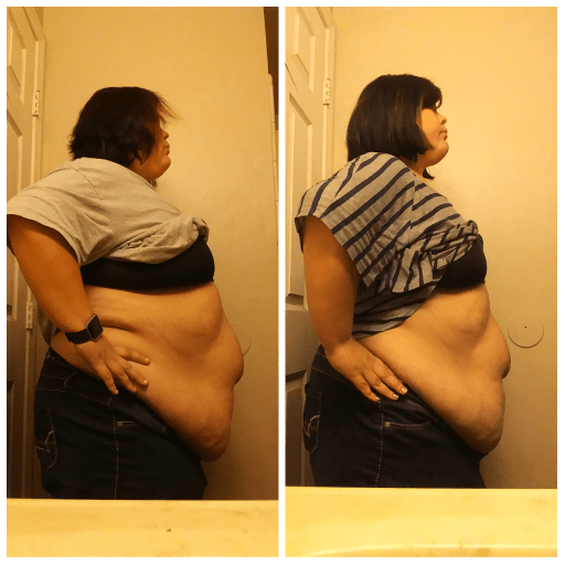 A picture of a 5'4" female showing a weight loss from 352 pounds to 312 pounds. A respectable loss of 40 pounds.