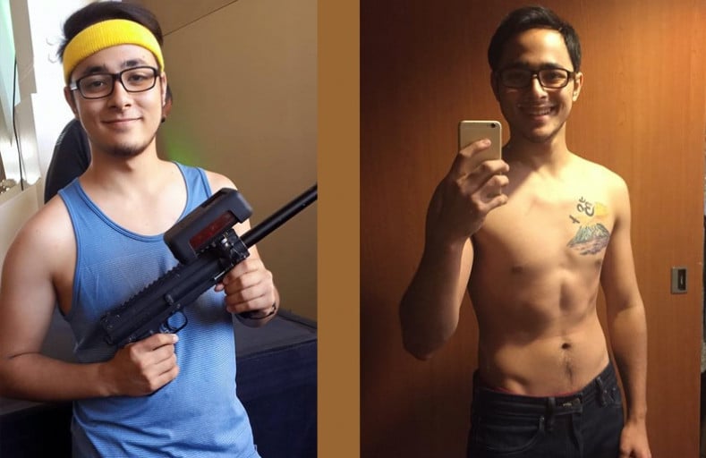 A progress pic of a 5'7" man showing a fat loss from 170 pounds to 141 pounds. A respectable loss of 29 pounds.
