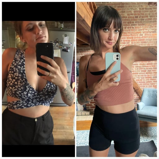 A before and after photo of a 5'7" female showing a weight reduction from 135 pounds to 116 pounds. A net loss of 19 pounds.