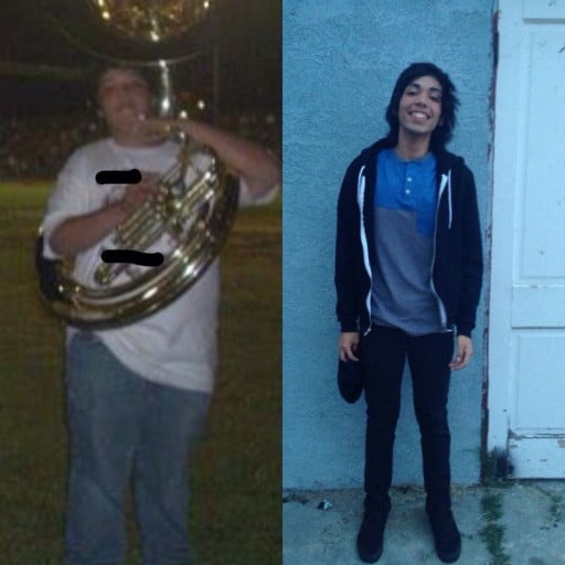 A progress pic of a 5'8" man showing a fat loss from 220 pounds to 135 pounds. A respectable loss of 85 pounds.
