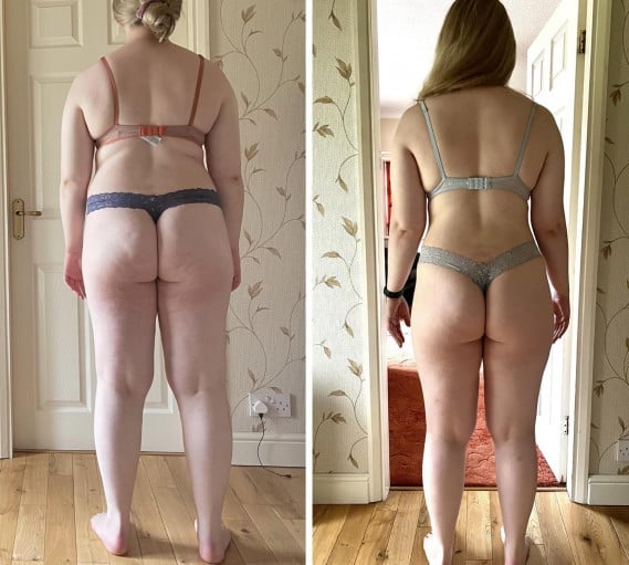 A before and after photo of a 5'5" female showing a weight reduction from 191 pounds to 180 pounds. A net loss of 11 pounds.