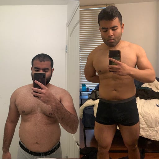 A progress pic of a 5'5" man showing a fat loss from 190 pounds to 160 pounds. A respectable loss of 30 pounds.