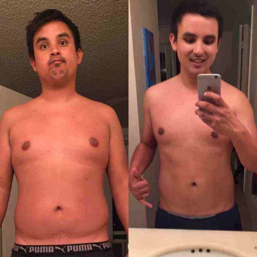 A picture of a 5'6" male showing a weight loss from 171 pounds to 152 pounds. A respectable loss of 19 pounds.