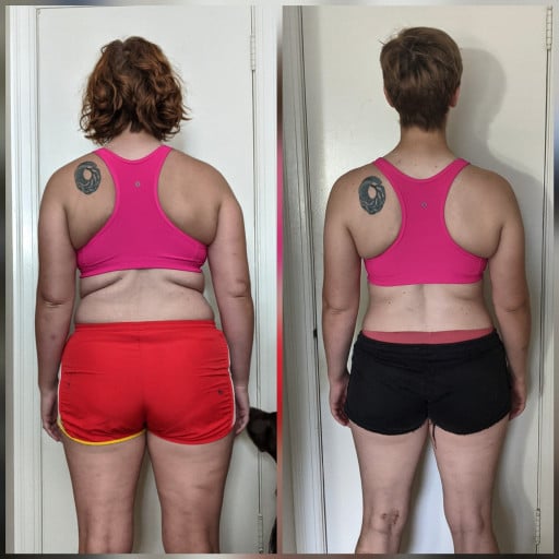 A before and after photo of a 5'6" female showing a weight reduction from 181 pounds to 160 pounds. A total loss of 21 pounds.