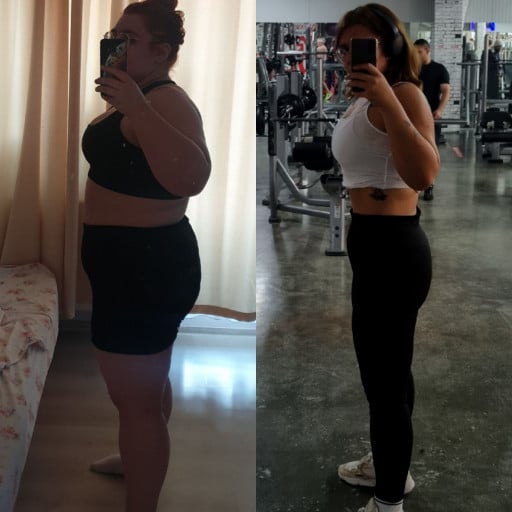 A picture of a 5'6" female showing a weight loss from 275 pounds to 154 pounds. A total loss of 121 pounds.