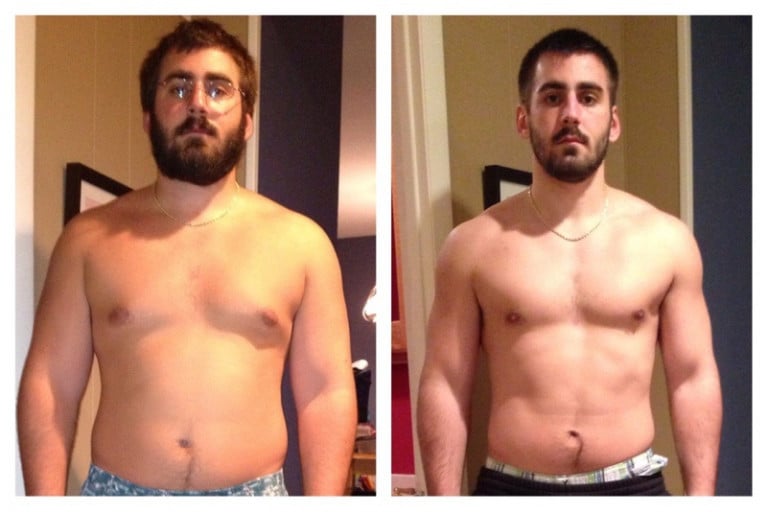 A progress pic of a 5'10" man showing a fat loss from 245 pounds to 175 pounds. A respectable loss of 70 pounds.