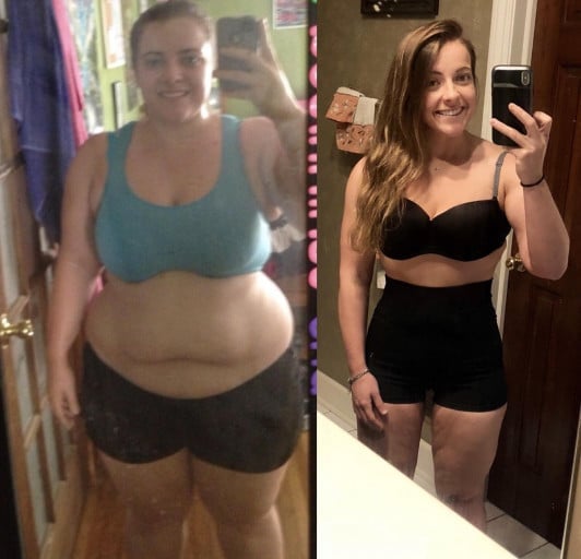 A picture of a 5'2" female showing a weight loss from 280 pounds to 140 pounds. A total loss of 140 pounds.