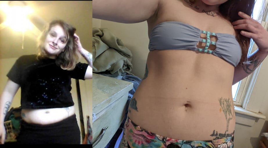 A picture of a 5'0" female showing a weight loss from 169 pounds to 122 pounds. A net loss of 47 pounds.