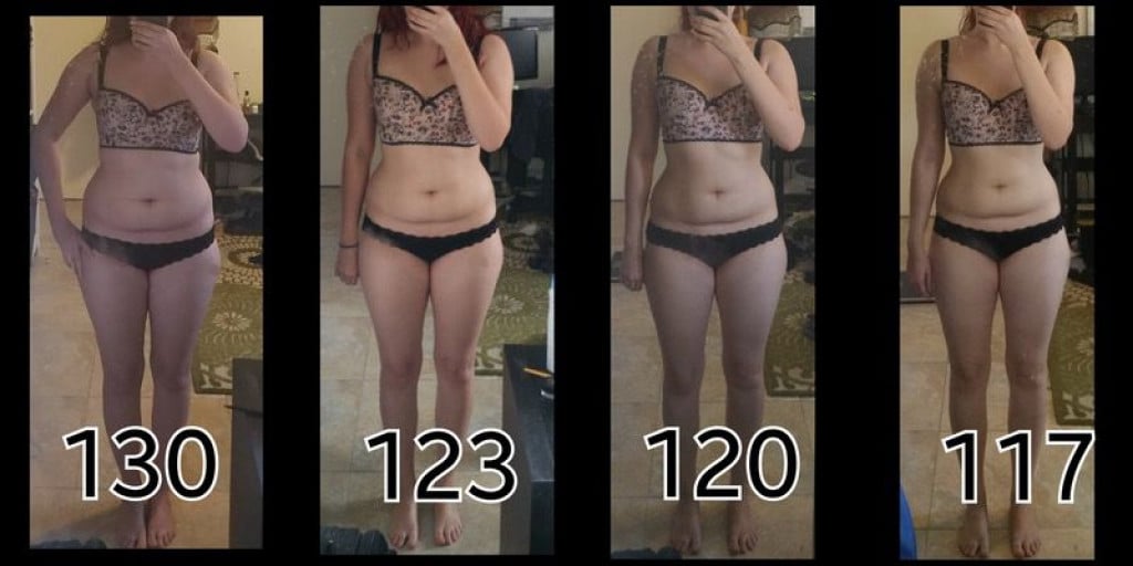 A picture of a 5'2" female showing a weight loss from 130 pounds to 117 pounds. A respectable loss of 13 pounds.