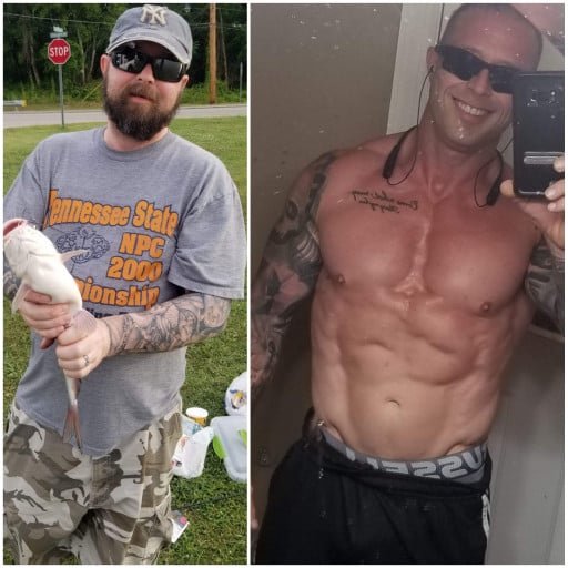 A progress pic of a 5'6" man showing a fat loss from 205 pounds to 170 pounds. A respectable loss of 35 pounds.