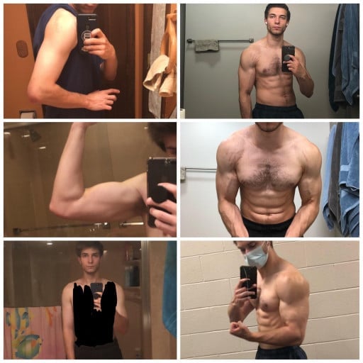 A before and after photo of a 5'10" male showing a muscle gain from 155 pounds to 175 pounds. A total gain of 20 pounds.