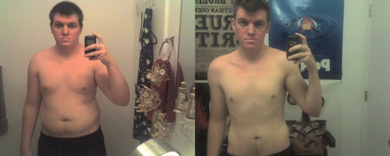 A before and after photo of a 5'10" male showing a weight reduction from 225 pounds to 150 pounds. A respectable loss of 75 pounds.