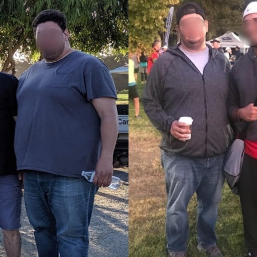 A photo of a 5'9" man showing a weight cut from 320 pounds to 285 pounds. A total loss of 35 pounds.