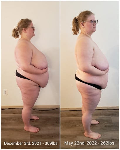 5 foot 3 Female Progress Pics of 53 lbs Fat Loss 315 lbs to 262 lbs