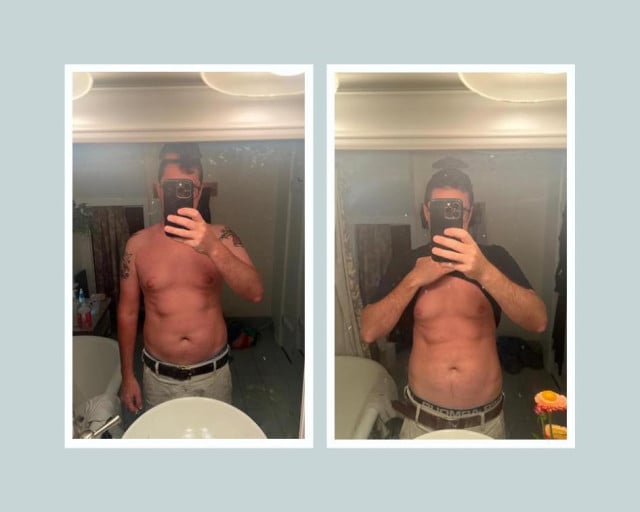 Before and After 30 lbs Fat Loss 5 feet 10 Male 185 lbs to 155 lbs