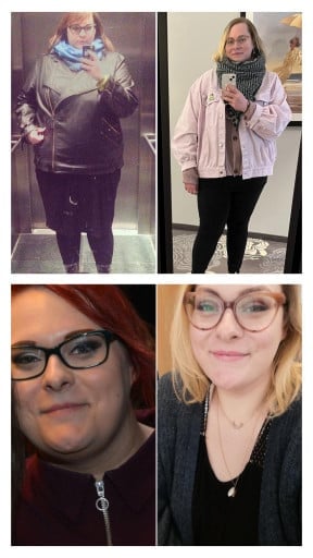 A before and after photo of a 5'8" female showing a weight reduction from 330 pounds to 264 pounds. A total loss of 66 pounds.