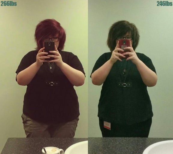 A before and after photo of a 5'4" female showing a weight reduction from 266 pounds to 246 pounds. A total loss of 20 pounds.