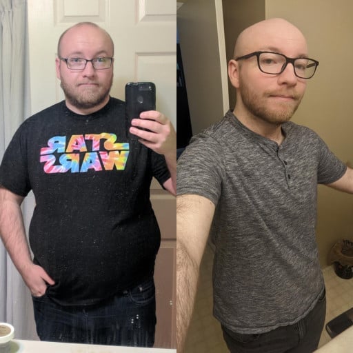 A progress pic of a 5'7" man showing a fat loss from 240 pounds to 180 pounds. A respectable loss of 60 pounds.