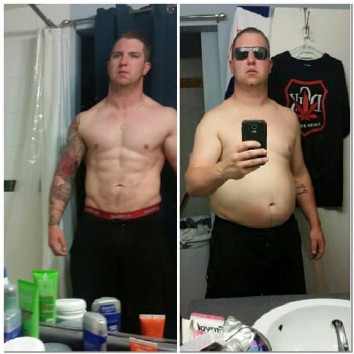 A before and after photo of a 6'0" male showing a weight reduction from 253 pounds to 210 pounds. A respectable loss of 43 pounds.