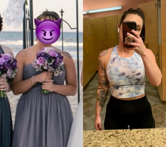 A before and after photo of a 5'4" female showing a weight reduction from 165 pounds to 148 pounds. A total loss of 17 pounds.