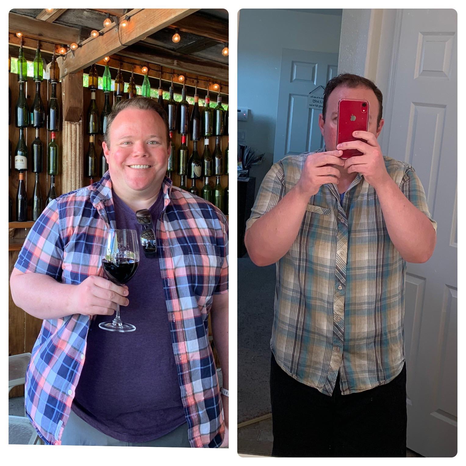 Before and After 70 lbs Fat Loss 5 feet 8 Male 280 lbs to 210 lbs