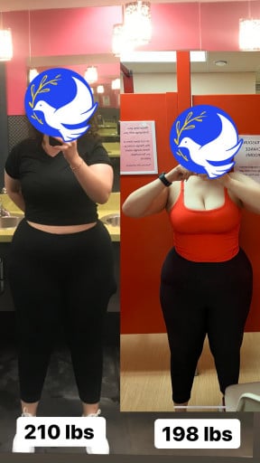 A photo of a 5'2" woman showing a weight cut from 213 pounds to 200 pounds. A total loss of 13 pounds.