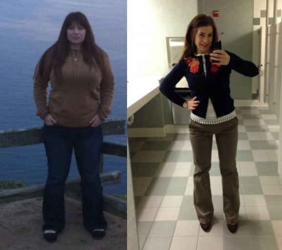 A progress pic of a 5'4" woman showing a fat loss from 207 pounds to 140 pounds. A total loss of 67 pounds.