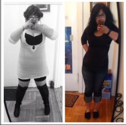 A progress pic of a 5'3" woman showing a weight loss from 243 pounds to 179 pounds. A total loss of 64 pounds.