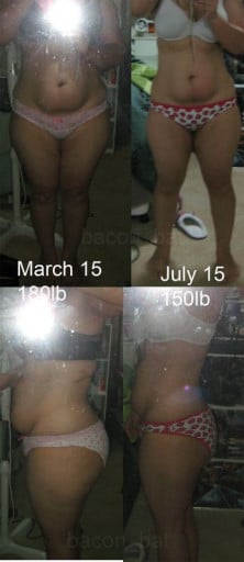 A progress pic of a 5'2" woman showing a fat loss from 180 pounds to 150 pounds. A net loss of 30 pounds.