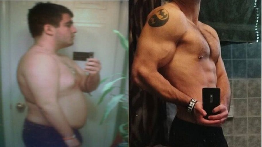 A photo of a 5'8" man showing a weight cut from 275 pounds to 169 pounds. A total loss of 106 pounds.