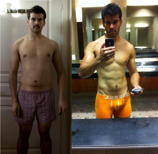 A photo of a 5'9" man showing a weight cut from 165 pounds to 155 pounds. A respectable loss of 10 pounds.
