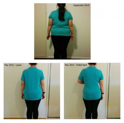 A photo of a 5'0" woman showing a fat loss from 191 pounds to 158 pounds. A total loss of 33 pounds.