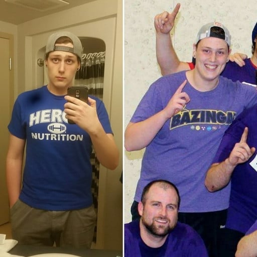 A progress pic of a 6'2" man showing a fat loss from 265 pounds to 185 pounds. A net loss of 80 pounds.