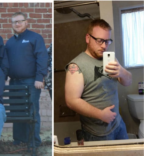 A progress pic of a 5'6" man showing a fat loss from 240 pounds to 205 pounds. A total loss of 35 pounds.