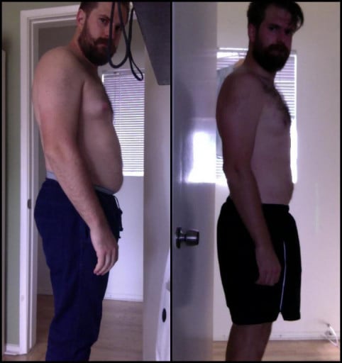 A photo of a 6'0" man showing a fat loss from 220 pounds to 180 pounds. A respectable loss of 40 pounds.