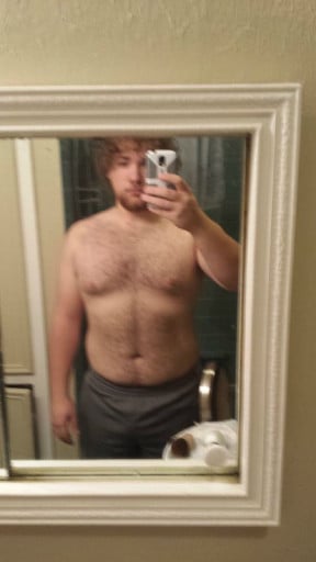 A photo of a 5'9" man showing a fat loss from 250 pounds to 185 pounds. A total loss of 65 pounds.