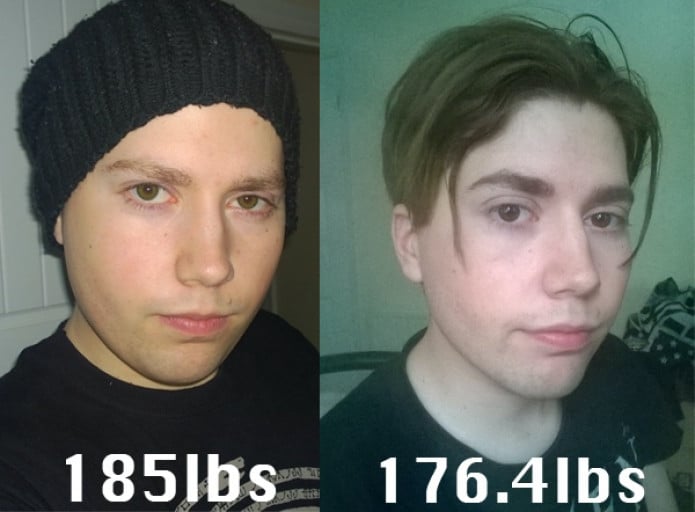 A progress pic of a 5'9" man showing a weight loss from 183 pounds to 176 pounds. A net loss of 7 pounds.