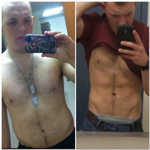 A progress pic of a 6'3" man showing a fat loss from 240 pounds to 223 pounds. A net loss of 17 pounds.