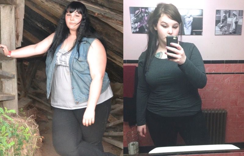 A picture of a 5'8" female showing a fat loss from 318 pounds to 250 pounds. A total loss of 68 pounds.