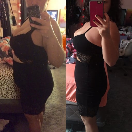 A picture of a 5'3" female showing a weight loss from 218 pounds to 179 pounds. A total loss of 39 pounds.