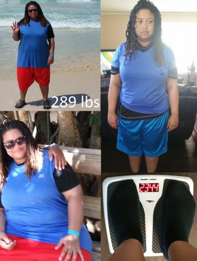 A photo of a 5'5" woman showing a weight cut from 289 pounds to 234 pounds. A net loss of 55 pounds.