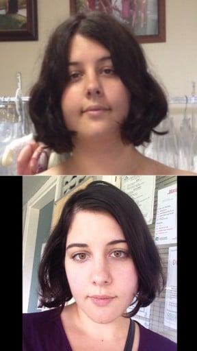 A picture of a 5'2" female showing a weight loss from 220 pounds to 175 pounds. A net loss of 45 pounds.
