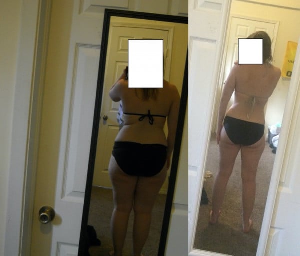 A before and after photo of a 5'8" female showing a weight loss from 180 pounds to 155 pounds. A respectable loss of 25 pounds.