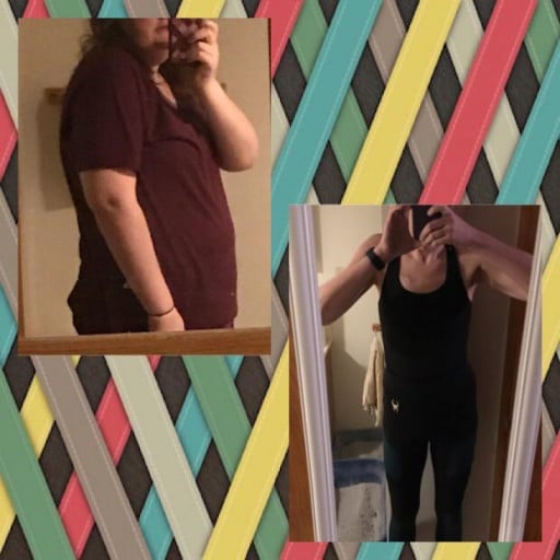 A before and after photo of a 5'10" female showing a weight reduction from 309 pounds to 161 pounds. A respectable loss of 148 pounds.