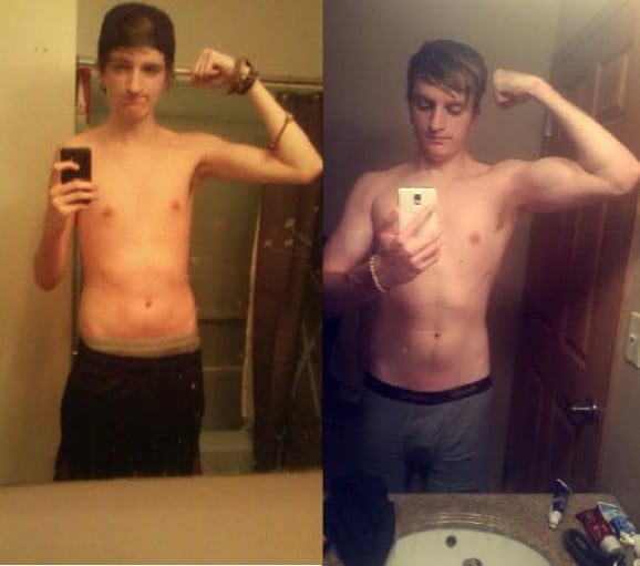 A photo of a 6'0" man showing a muscle gain from 130 pounds to 153 pounds. A net gain of 23 pounds.
