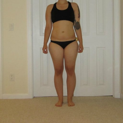 A progress pic of a 5'6" woman showing a snapshot of 155 pounds at a height of 5'6