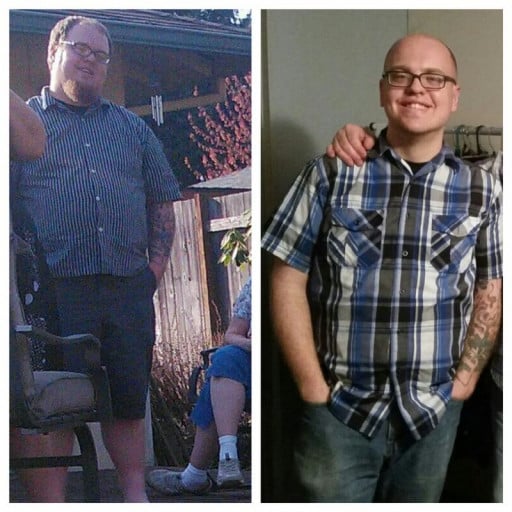 A progress pic of a 5'9" man showing a fat loss from 251 pounds to 177 pounds. A total loss of 74 pounds.