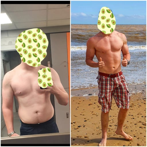A before and after photo of a 6'1" male showing a weight reduction from 205 pounds to 185 pounds. A respectable loss of 20 pounds.